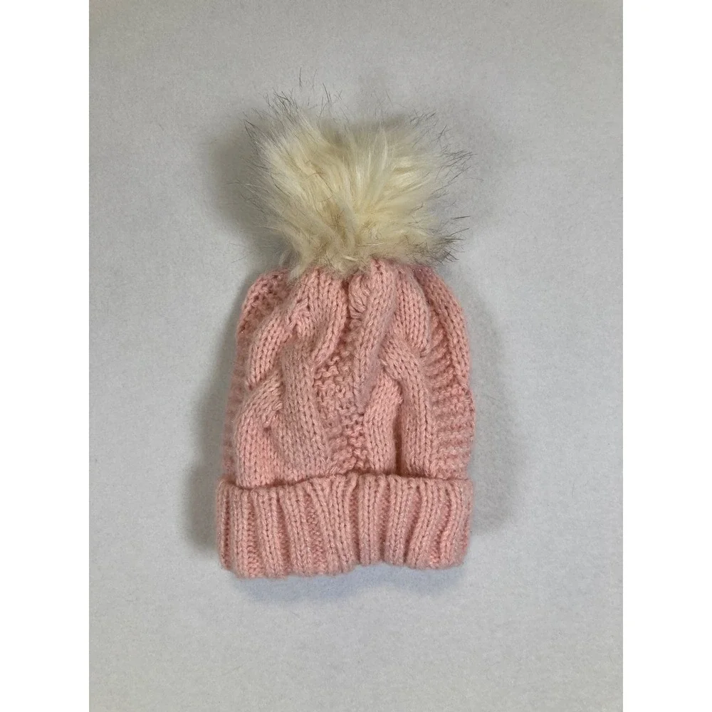 The‎ Childrens Place Beanie Kids S/P 12-24M Pink Cable Knit Faux Fur Pom Sparkle